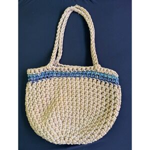 Handmade Crochet Jute Tote Bag Tan Blue Stripe Boho Coastal Beach Market Handbag